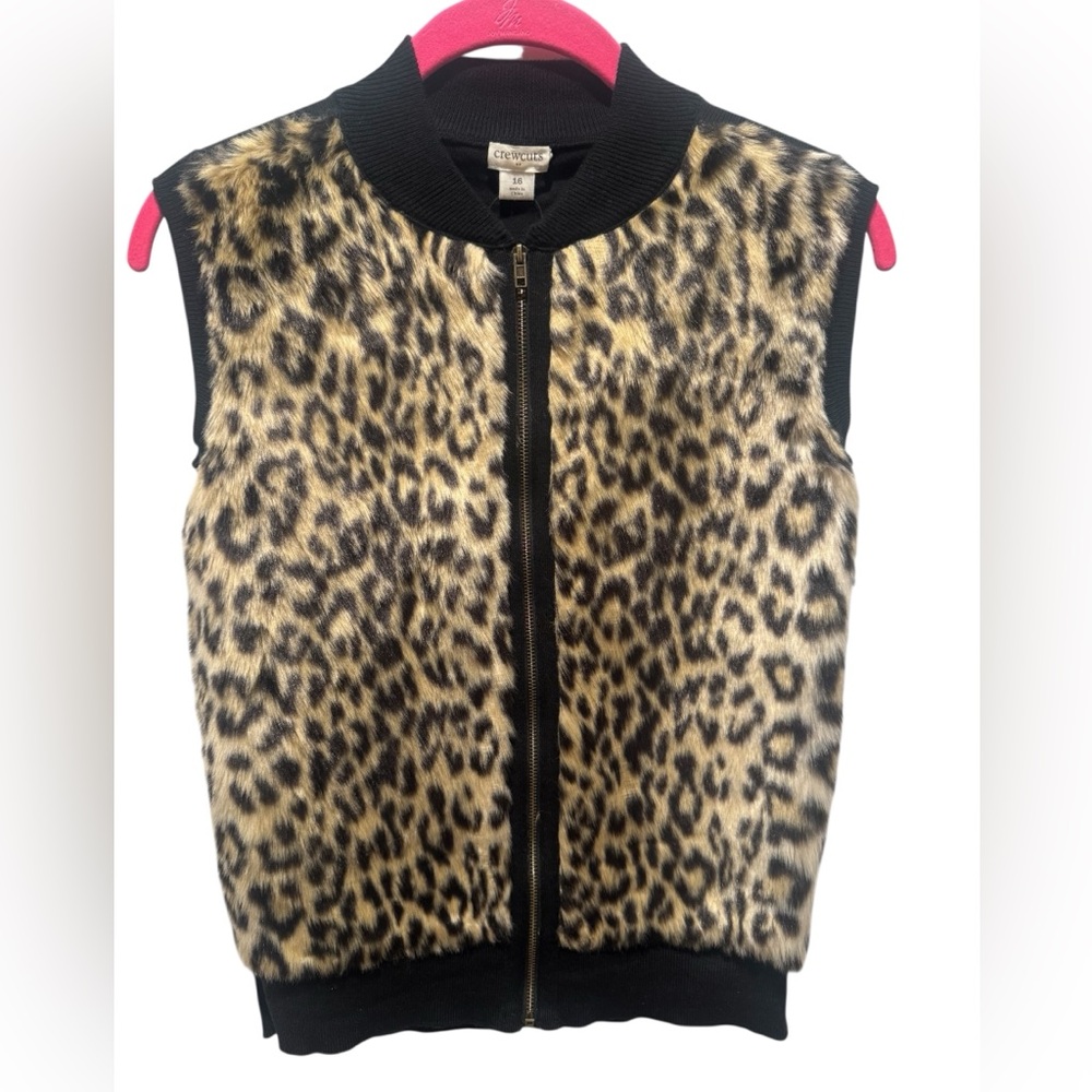 J.CREW CREWCUTS Girls' Leopard Faux Fur Zip Vest - Picture 2 of 7